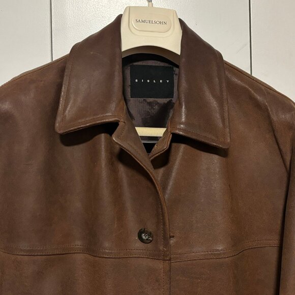 $1200 Sisley Brown Leather Button Closure Jacket - S/M (Aero, Fine Creek) - Picture 2 of 13